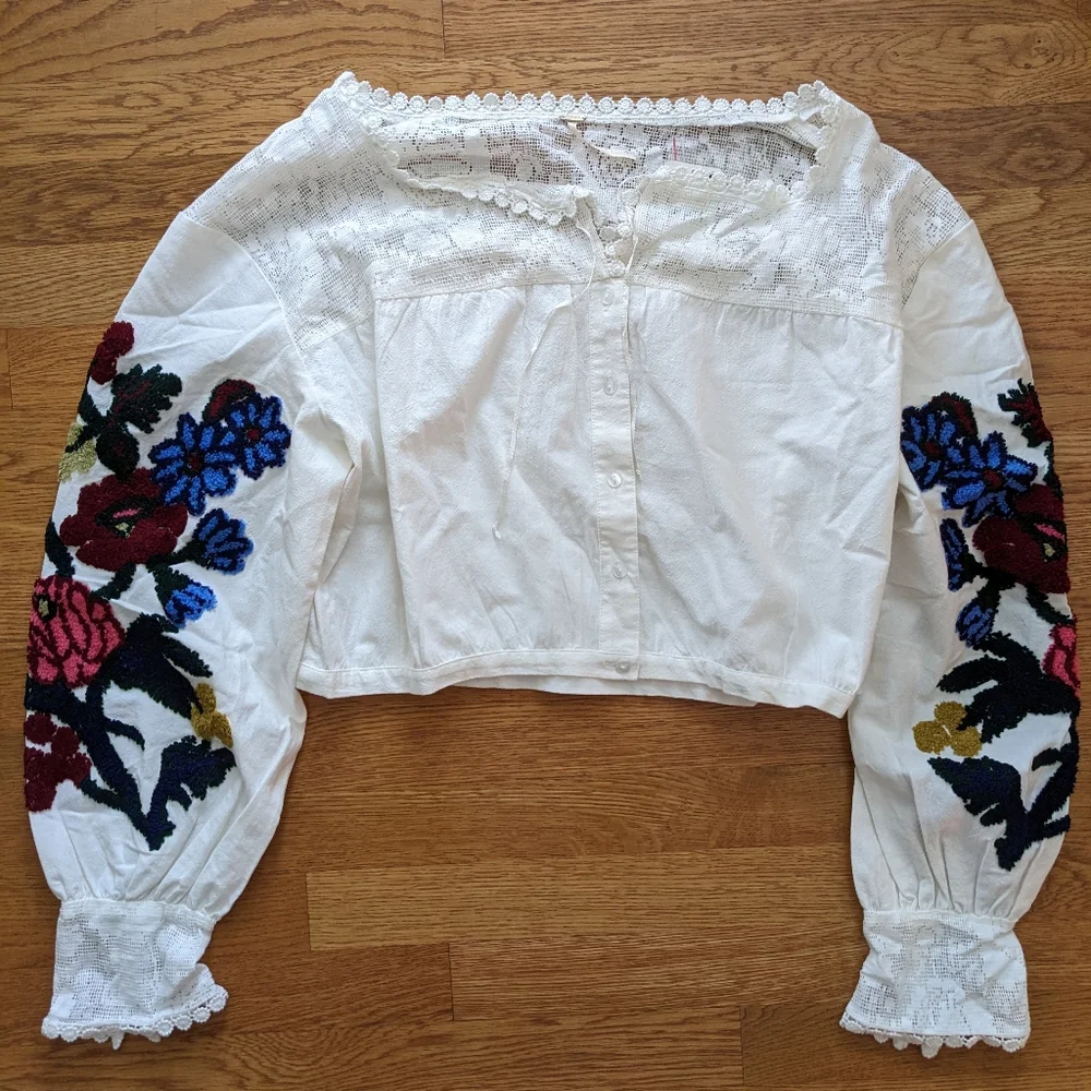 Free People Meadows top sheer floral lace details embroidered sleeve siz…